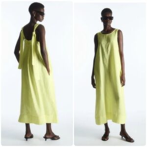 COS Gathered Linen Midi Dress Butter Yellow Size Medium